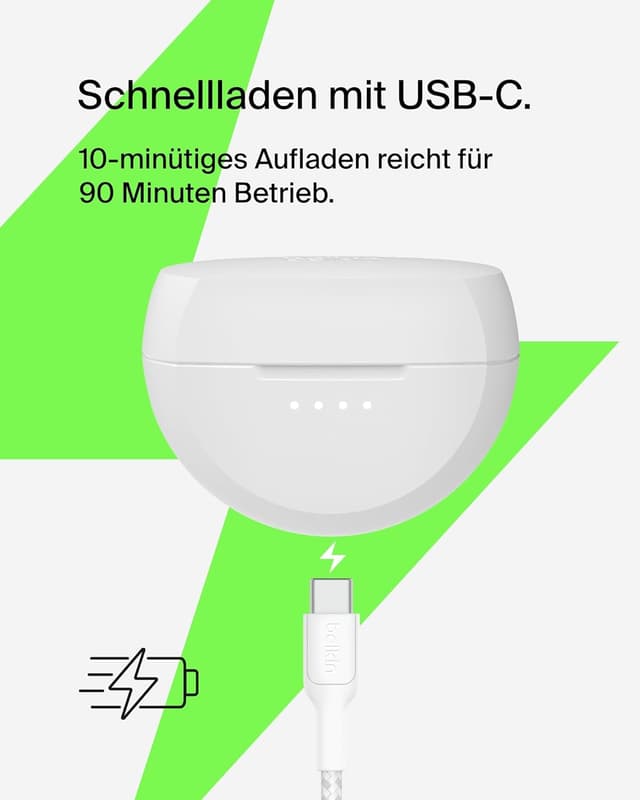 Thumbnail 6 de Belkin SoundForm Rhythm True Wireless In-Ear Kopfhörer (IPX5, USB‑C Schnellladen, bis 28 Std.) – Weiß