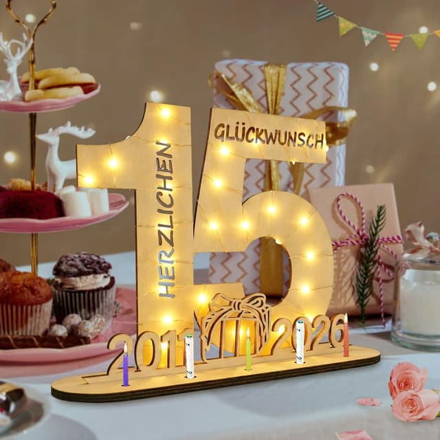 Detalle de Seutgjie Deko zum 15. Geburtstag: LED-Lichterkette Geldgeschenk mit Fliege, Holzschild & Geschenkpapier (29 x 21 cm)