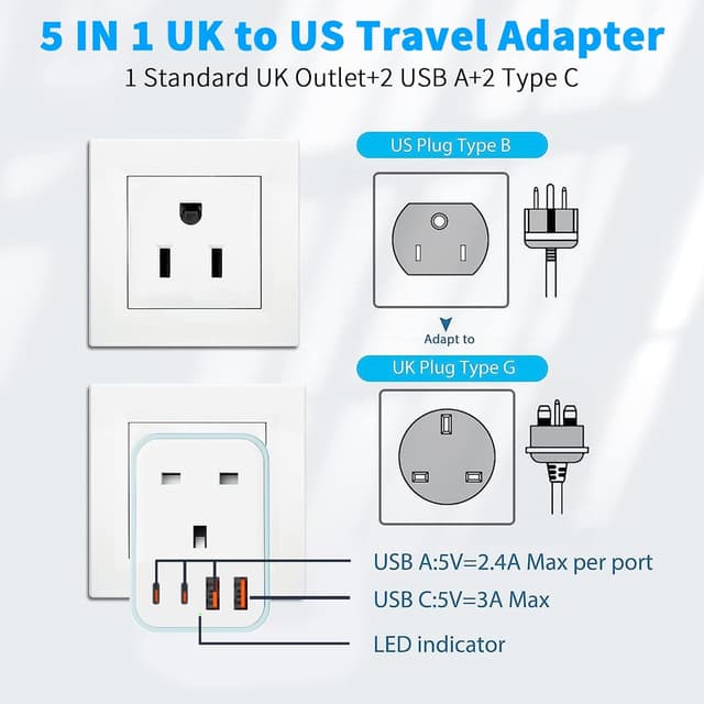 Detalle 2 de UK to US plug adaptor 5 in 1 with USB
