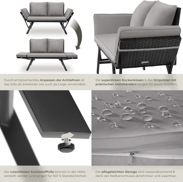 Thumbnail 6 de tectake Rattan Loungesofa 2in1 Klapparmlehnen