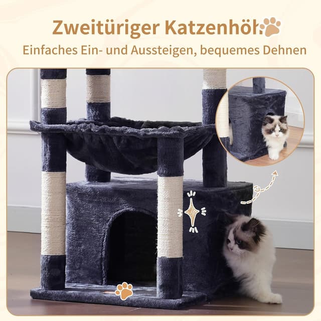 Detalle de Heybly Kratzbaum HCT008SG mit extra großem Katzenkorb, weichem Ruhebereich und 7 Sisal-Kratzsäulen (rauchgrau)