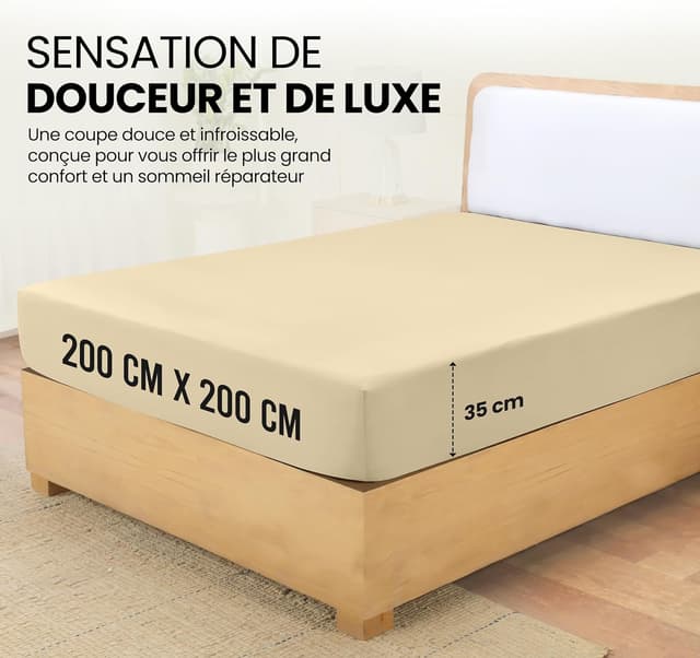 Detalle de Utopia Bedding Drap-housse Beige 200 x 200 cm en microfibre brossée certifié Oeko-Tex, bonnets 35 cm