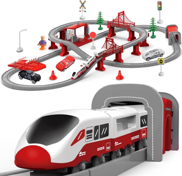 Detalle de XIAPIA 104-piece electric train set with magnetic track pieces, tunnel/bridge and police-theme vehicles (age 3+)