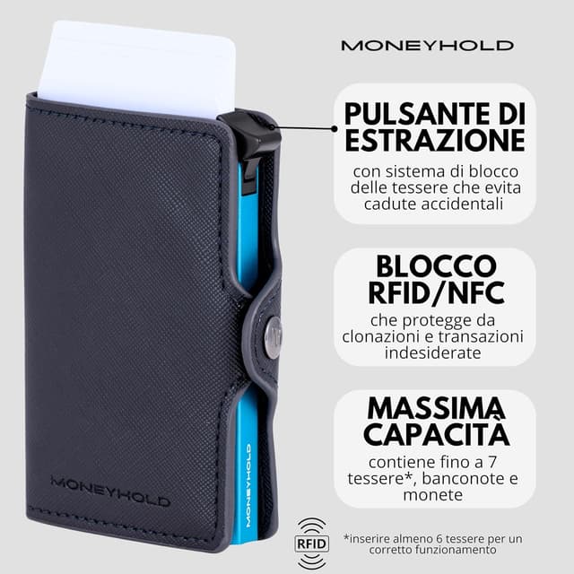 Detalle de Moneyhold portafoglio uomo slim con protezione RFID, porta carte e portamonete (fino a 10 tessere)