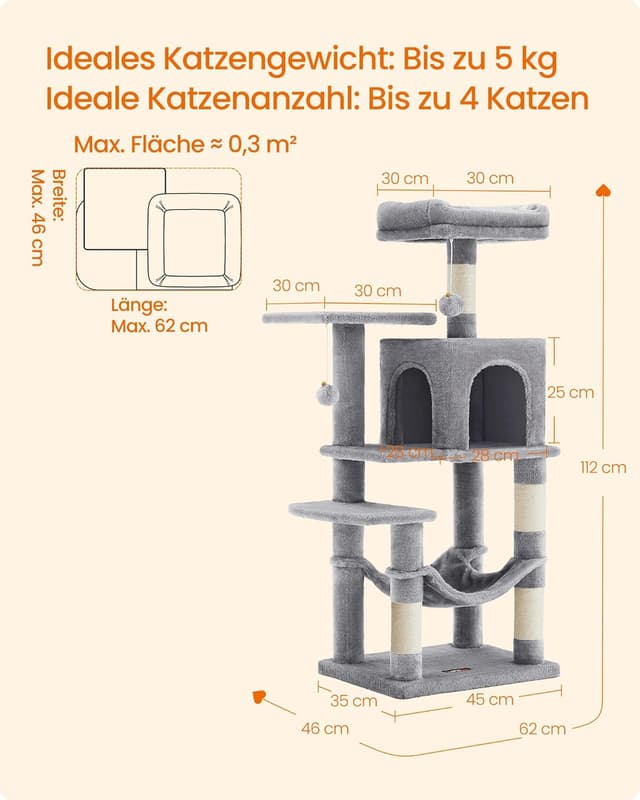 Thumbnail 6 de Feandrea Kratzbaum PCT261W01 (112 cm) mit 4 Kratzsäulen, 2 Plattformen und Hängematte