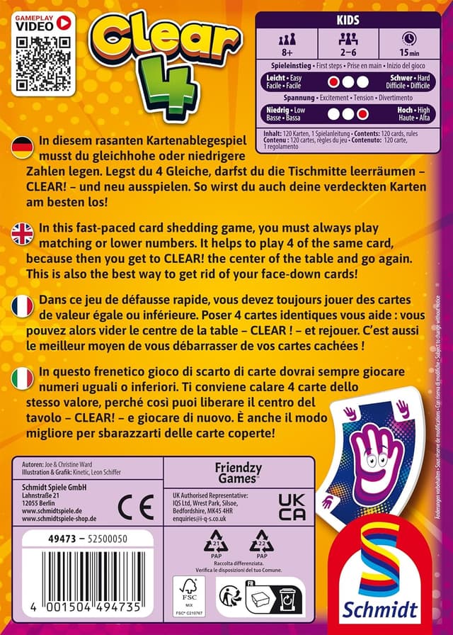 Detalle de Jeu de cartes Schmidt Spiele 49473 Clear 4 « Petit et Fin » (2 à 6 joueurs)