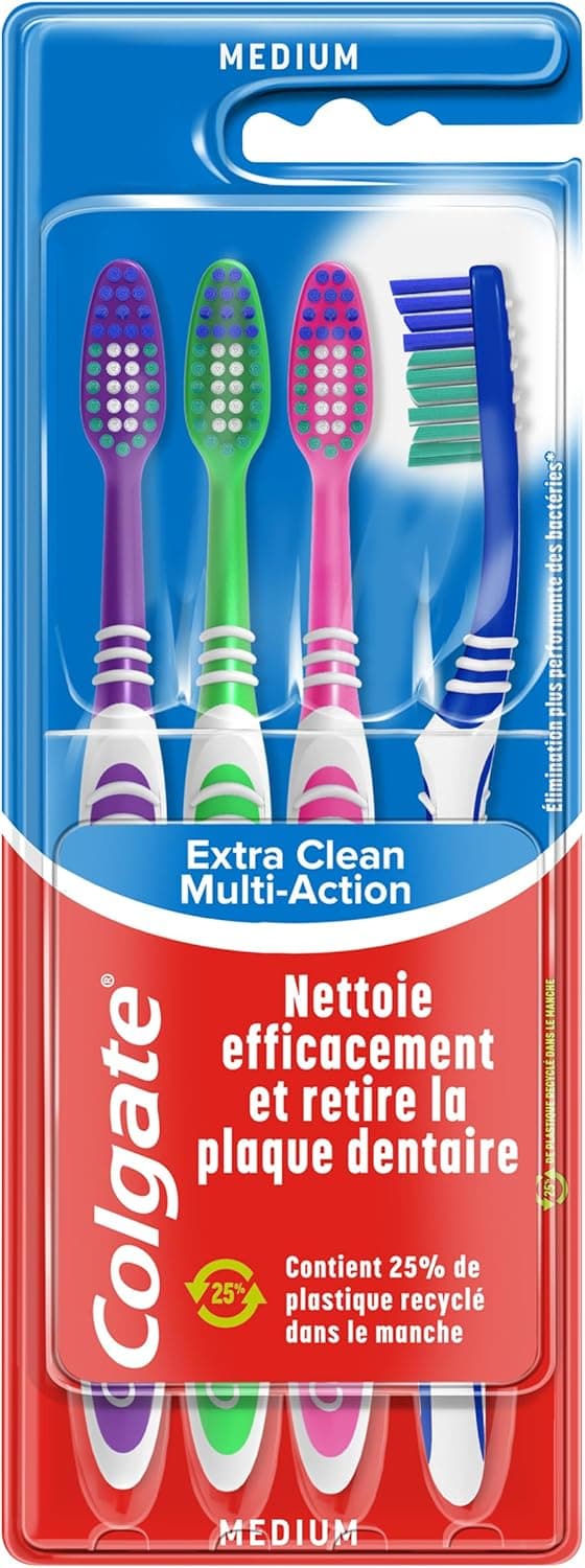 Detalle de Colgate Extra Clean Multi Action con filamenti circolari anti-macchia e pulitore lingua e guance (set da 4 spazzole)