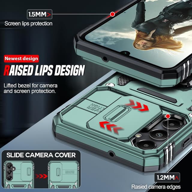 Detalle de LeYi Samsung Galaxy A05S phone case with sliding camera lens cover, ring stand and screen protectors (Light Green)