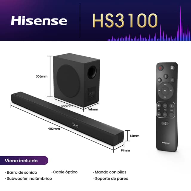 Detalle de Hisense HS3100 barra de sonido 3.1, 480 W