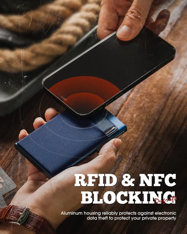 Detalle 2 de DUGRAFT Men’s Pop-Up Credit Card Holder Wallet – Slim RFID Blocking Aluminium Metal with Coin Pocket, Navy