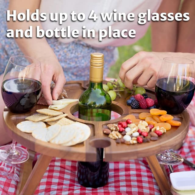 Detalle de Portable Wooden Folding Picnic Table for Wine Glasses & Bottle (with carry bag) – Walnut-style wood picnic table