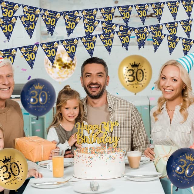 Detalle 2 de VICTERR 30th Birthday Decorations for Men (Blue & Gold) – bunting banner, foil balloons and confetti balloons