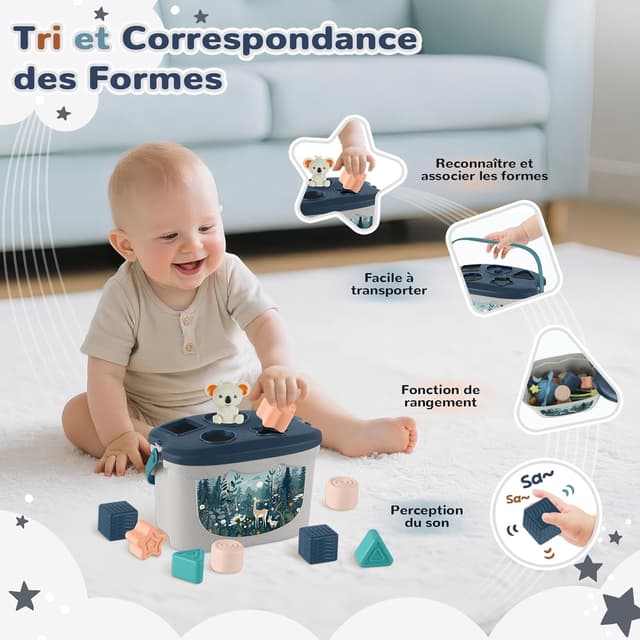 Detalle de Jouet bébé Montessori 5 en 1 (6 mois et +) : tri de formes, empilement, xylophone et jeux sensoriels