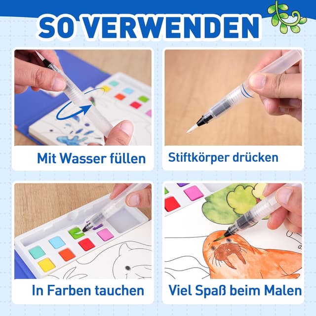 Detalle 2 de YPLUS Wassermalbuch für Kinder ab 3–6 Jahre – Meerestiere mit Wasserfarben, 8 Farben & Wasserpinsel