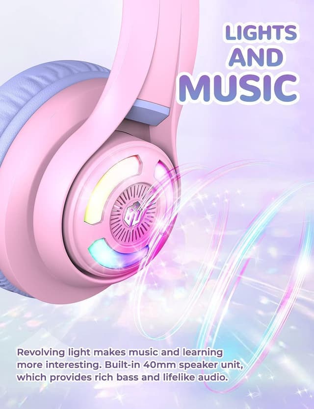 Detalle 2 de iClever Kids BTH13 Bluetooth Cat Ear LED Headphones (wireless + 3.5mm, volume limiting, mic)