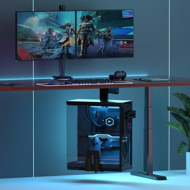 Detalle de PC-Wandhalterung unter dem Schreibtisch – verstellbare Heavy-Duty Halterung bis 30 kg, 360° drehbar, schwarz