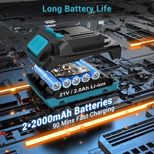 Detalle 2 de LEEIKOO 21V Brushless Cordless Hammer Drill/Driver with 2 x 2.0Ah Batteries, 45N.m Combi Mode