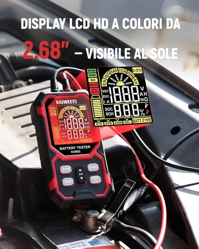 Detalle 2 de KAIWEETS Tester Batteria Auto 12V/24V digitale 50–2000 CCA con display LCD (SOH/SOC)