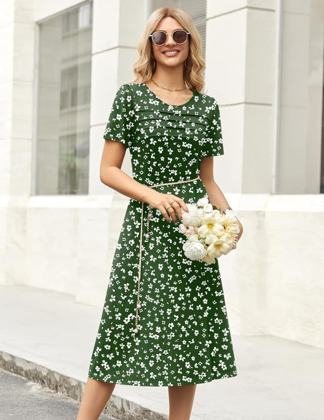 Detalle 2 de Zeagoo Women’s Casual Short Sleeve Flare Midi Dress with Pockets (Floral Pleated Front)