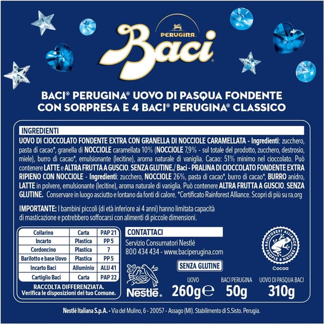 Detalle 2 de Baci Perugina Uovo di Pasqua 2026 al cioccolato fondente con granella di nocciole, 310 g