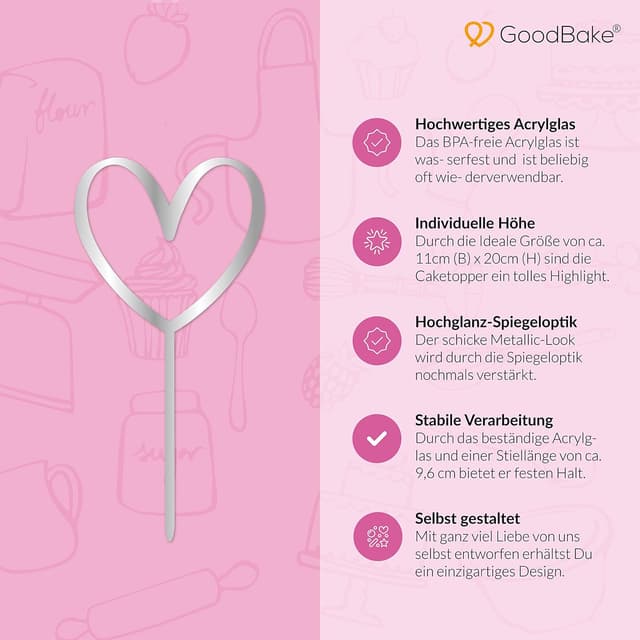 Thumbnail 1 de GoodBake Cake Topper „Herz/Heart“ in Silber – Torten-Deko für Geburtstag, Hochzeit und Valentinstag