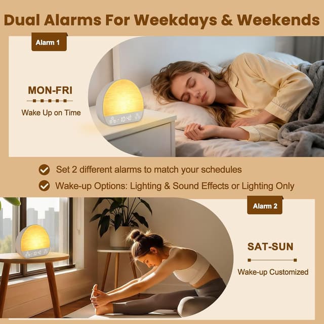 Detalle de Charmofun Réveil lumineux simulateur d’aube avec lampe de chevet, 37 sons, double alarme et snooze