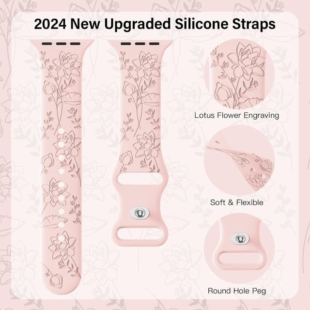 Detalle de Yoohoo Floral Engraved Soft Silicone Strap for Apple Watch (38mm–49mm) – Pink