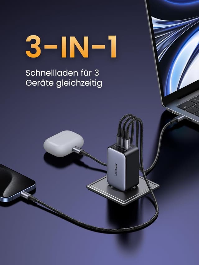 Detalle 2 de UGREEN Nexode 65W USB‑C Ladegerät mit 3 Ports