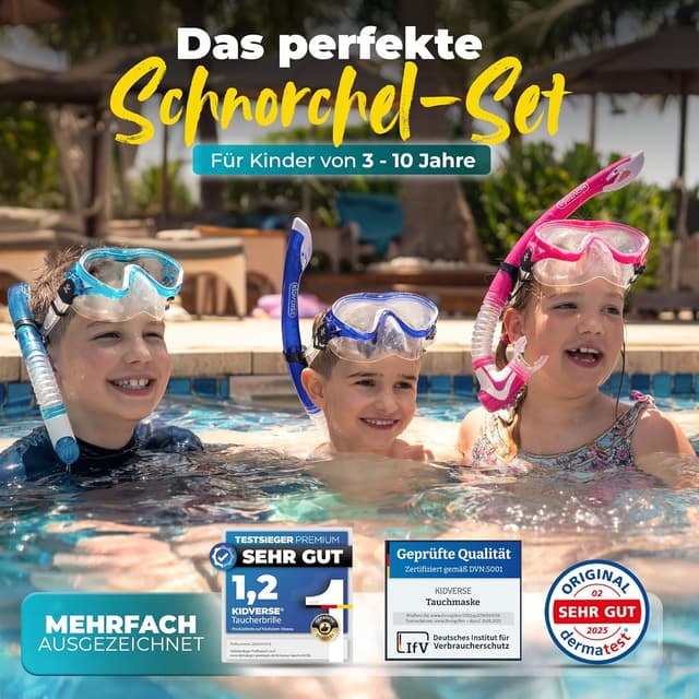 Detalle de KIDVERSE Taucherbrille Kinder (ab 5 Jahren) mit Schnorchel-Set und Nase – CE & Dermatest geprüft