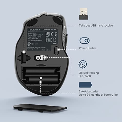 Detalle de TECKNET Ratón Inalámbrico ergonómico 2.4G con 5 niveles y 2600 dpi, 6 botones (USB Plug & Play)