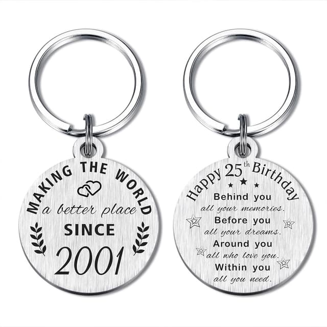 Detalle de ABBNT 25th Birthday Keychain (Born in 2001) Stainless Steel Laser Engraved Keepsake for Her or Him