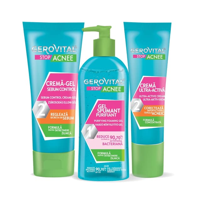Detalle de GEROVITAL Stop Acnee Pflegeset für unreine Haut (Reinigungsgel, Sebum-Control Gel-Creme, Ultra-Aktiv Pflege)