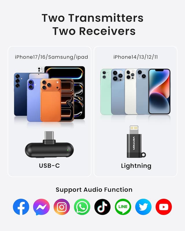 Detalle de Vention mini microfono wireless per iPhone 17/16/15 Pro Max e Android (USB-C, Bluetooth, lavalier) con custodia di ricarica 24 ore