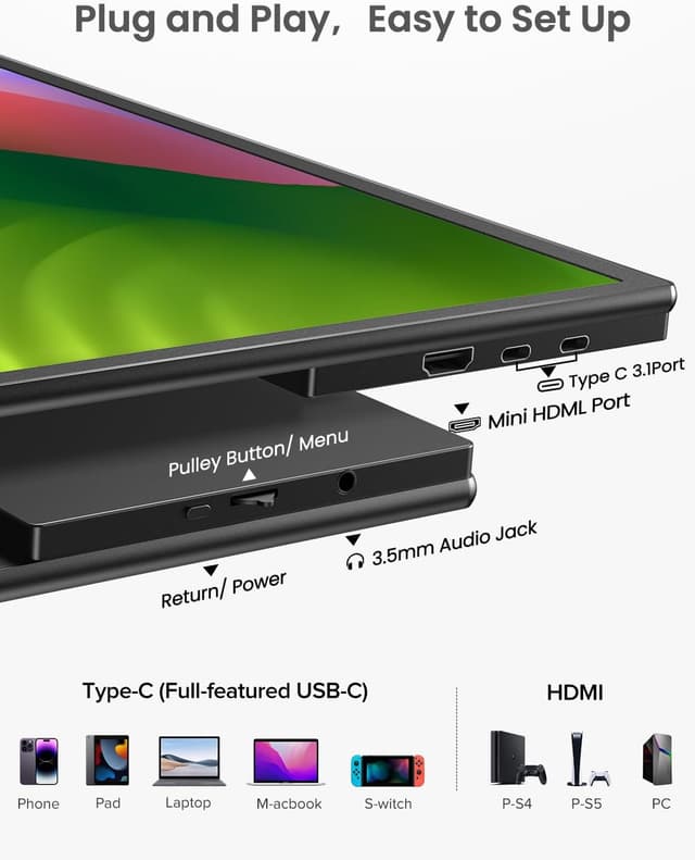 Detalle 2 de EVICIV Portable Monitor 21,5 Zoll (100 Hz) QLED FHD mit FreeSync, USB‑C/HDMI & VESA