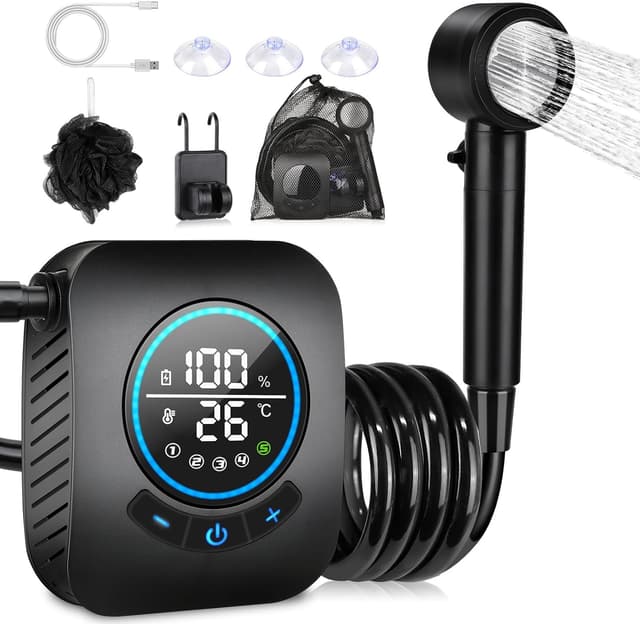Detalle de Spopal Camping Shower (8000mAh rechargeable) with LED display, 4 spray modes and IPX8 waterproof kit