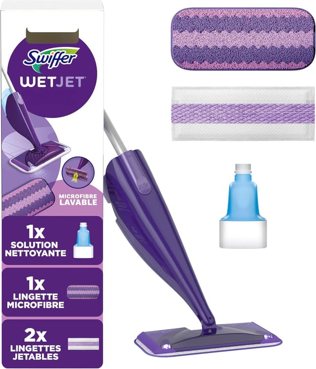 Detalle de Swiffer WetJet – kit de démarrage pour sols (balai, lingette microfibre lavable, lingettes jetables, solution nettoyante)