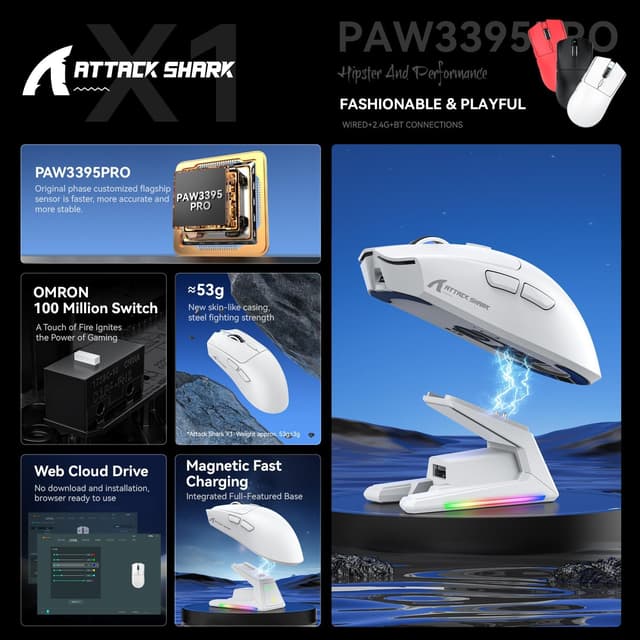 Detalle de ATTACK SHARK X1 Gaming Mouse with Touchpad RGB Charging Dock (PixArt PAW3395PRO, 40000 DPI) – Black