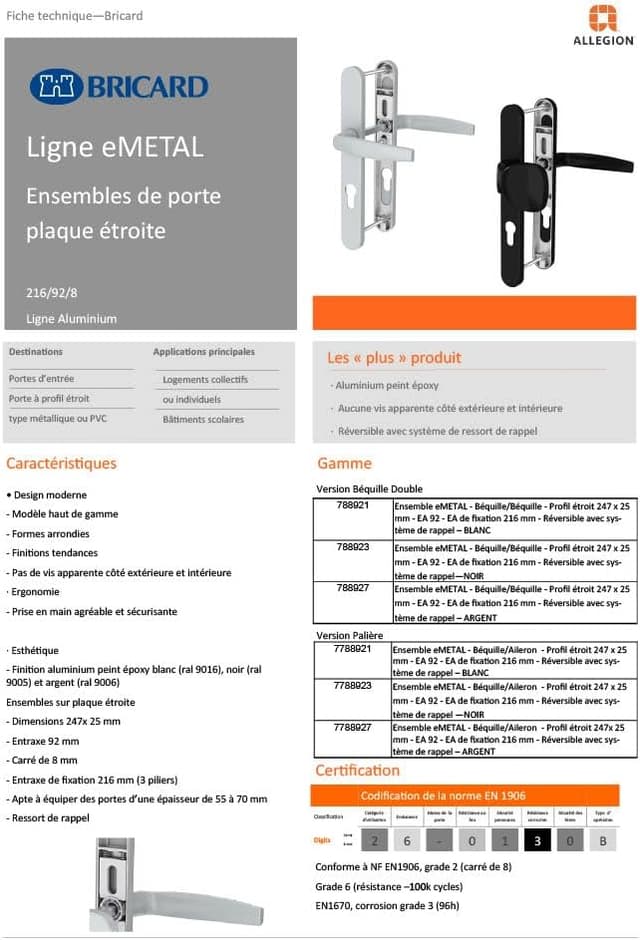 Detalle de Bricard 7788927 set di maniglie su piastra Emetal, cuscinetto per cavalletto e pinna