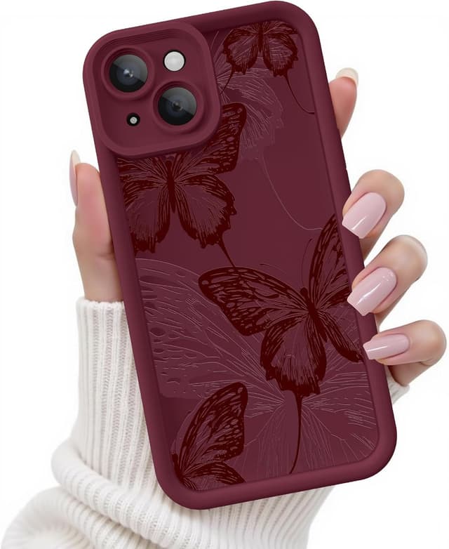 Detalle de FUXICASE iPhone 14 Case with Creative Butterfly Design (Burgundy Red Butterfly) — Soft Silicone & TPU Protection
