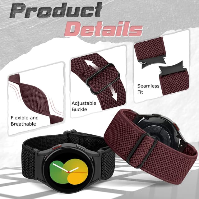 Detalle de Yunshare Elastic Watch Straps for Samsung Galaxy Watch 7/6/5/4/FE (Stretch Nylon Solo Loop, 40–47mm)