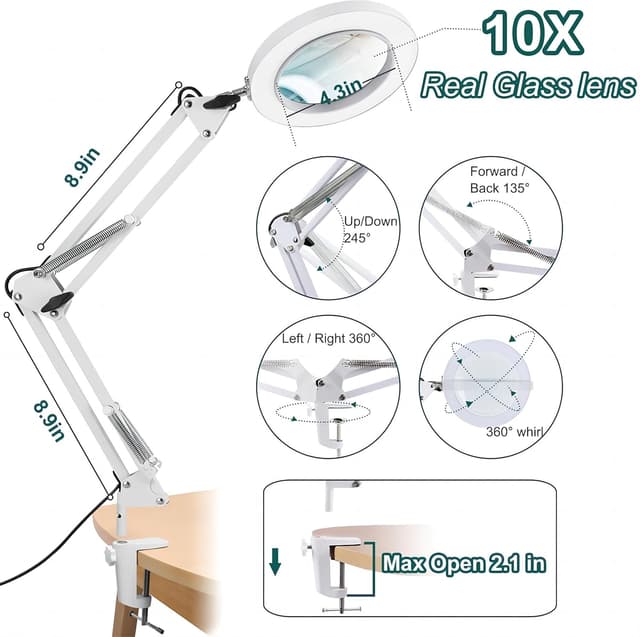 Detalle 1 de Lampada con lente di ingrandimento Kevsuvqin 10x con luce e morsetto, braccio orientabile, 3 modalità colore