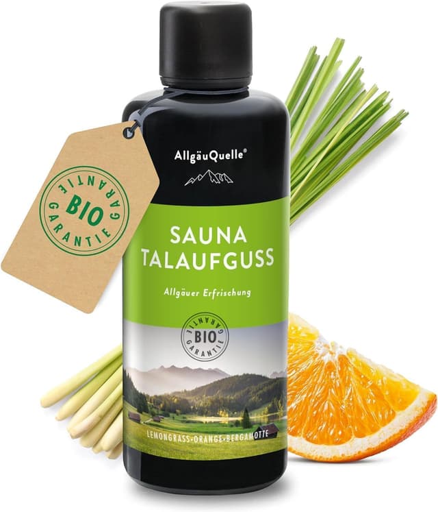 Detalle de AllgäuQuelle® Saunaaufguss mit 100% Bio-Ölen „Erfrischung“ Lemongrass Orange Bergamotte, 100 ml