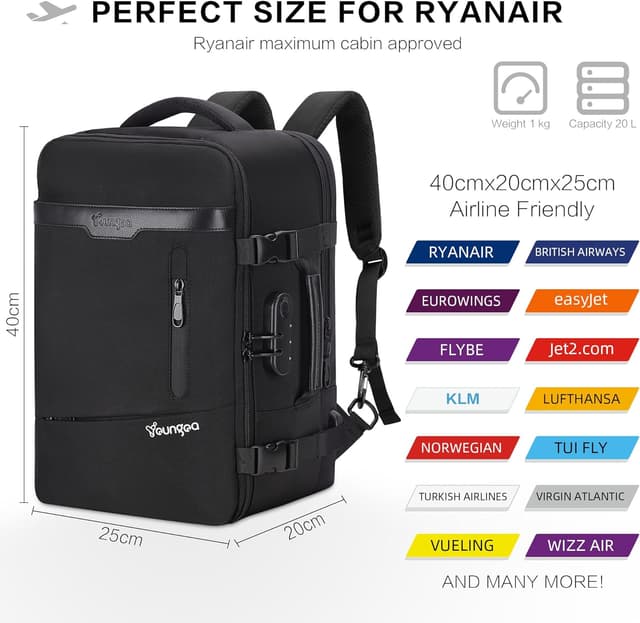 Detalle de YOUNGOA Mochila de Viaje Cabina para Avión ✈️ 20L Negro
