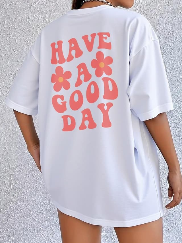 Detalle de Oversized Damen T-Shirt aus Baumwolle (Kurzarm, Rundhalsausschnitt) mit Druck – Sommer Casual Top für lässige Outfits