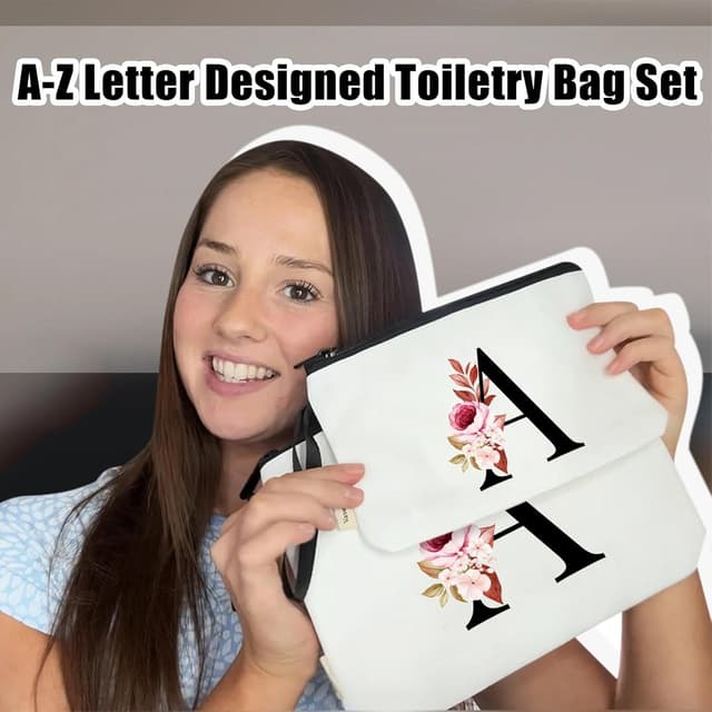 Detalle 2 de Vavabox 2 Pcs Initial Toiletry Bags Set (White) – Travel makeup bag set with handle