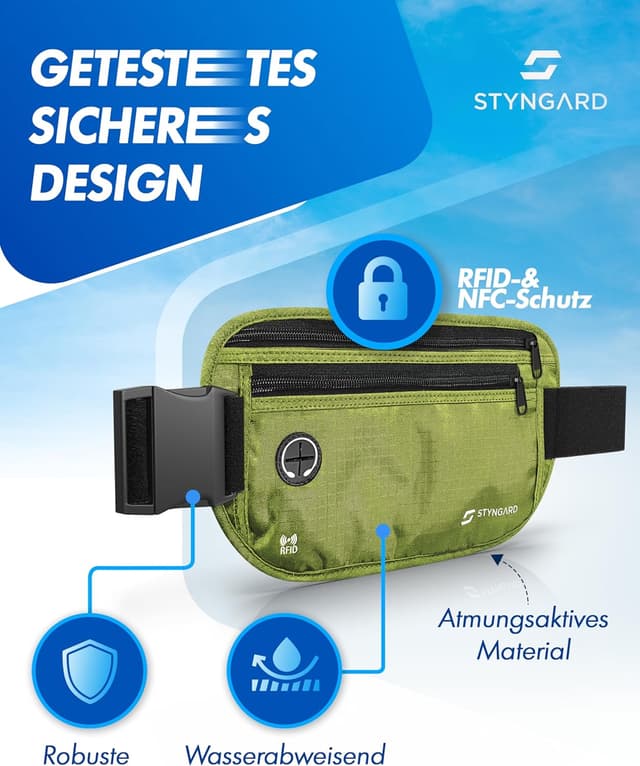 Detalle 2 de STYNGARD Modell Madrid: flache Diebstahl- Bauchtasche mit RFID/NFC-Schutz für Reise & Sport