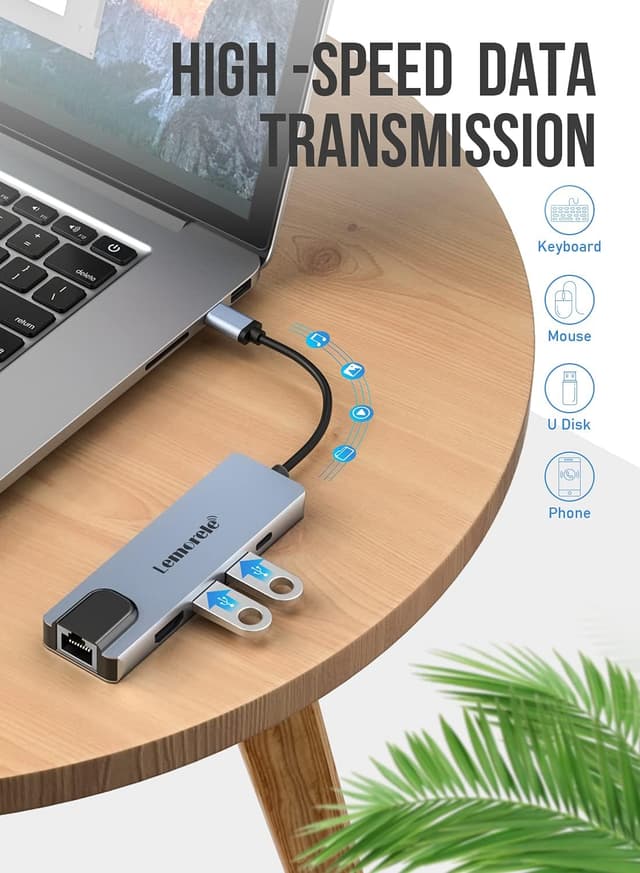 Detalle 2 de Lemorele 6‑in‑1 USB‑C Hub 100W PD, 4K HDMI, Ethernet
