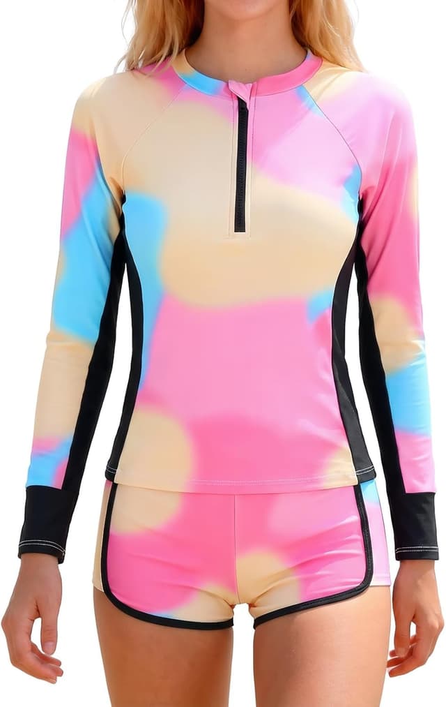 Detalle de JiAmy Mädchen Badeanzug Zweiteiler mit Langarm-UV-Schwimmshirt und Badehose (Gr. 122–152)