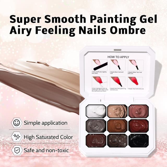 Detalle de Karroy Sponge Pat Paint Nail Gel (9-Color Ombre Gradient), UV/LED Curing No-Wipe Gel for Floral Nail Art