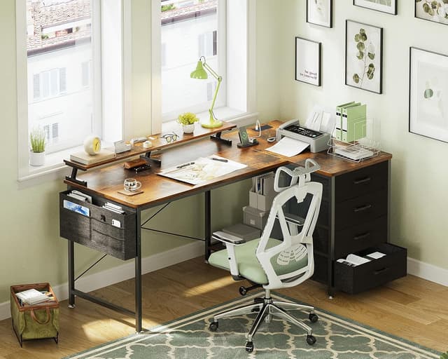 Thumbnail 6 de ODK Corner Desk with Drawers (L-Shaped) 140x80cm, USB Charging Ports & Power Outlets, Rustic Brown